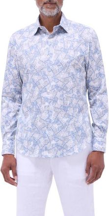 Bugatchi Julian Shaped Fit Leaf Print Stretch Cotton Button-Up Shirt in Cobalt at Nordstrom, Size Xxx-Large