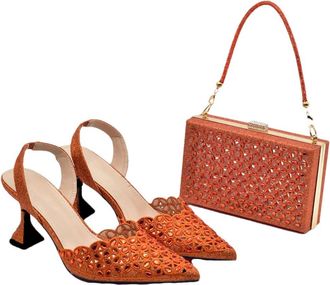 Generic Womens Shoes and Bags Set Sparkly Rhinestone Decorated High Heels Shoes Strap Shoulder Bag for Party Wedding Orange