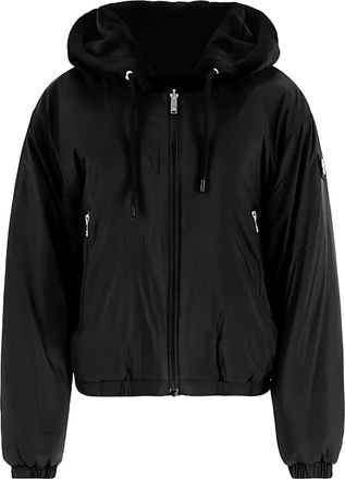 Moose Knuckles Cropped Black Faux Fur Jacket With Plush Hood And Zippered Pockets