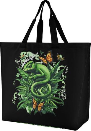 Generic Chameleon Weed Butterfly Large Reusable Shopping Bag Lightweight Foldable Tote Bags Washable Shoulder Handbag
