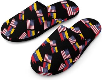 Generic U.S. & Venezuela Flag Flannel Mens Slip-on Slippers Winter Warm House Shoes with Rubber Sole for Home Hotel