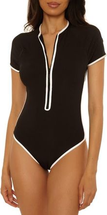 Trina Turk Triumph Contrast Binding Short Sleeve Rib One-Piece Rashguard Swimsuit in Black at Nordstrom, Size X-Small
