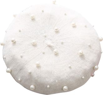 Generic Momolaa Clearance Women Beaded Pearls Wool Felt Beret Hat French Artist Beanie Cap Painter Hats White