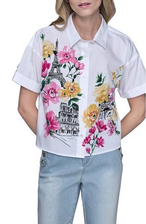 Karl Lagerfeld Floral Print Cotton Shirt in White at Nordstrom, Size X-Large