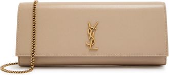 Saint Laurent Kate Logo Pebbled Leather Clutch - Beige - One Size