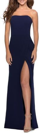 La Femme Strapless Double Strap Long Jersey Prom Dress in Navy at Nordstrom, Size 12
