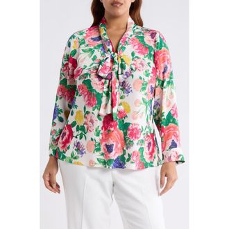 Tahari by ASL Floral Tie Neck Satin Top in Ivory Multi at Nordstrom, Size 2X