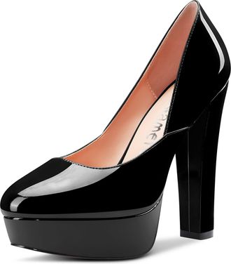 Castamere Women High Heel Chunky Block Platform Round Toe Slip-on Pumps Court Shoe Classic Cute Dress 13 CM Heels Shoes Black 2.5 UK