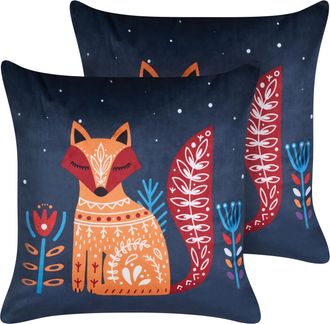 Beliani Conjunto De 2 Cojines Decorativos De Terciopelo Para Ni&ntilde;os Con Funda Extra&iacute;ble Con Cremallera Incorporada Estampado Animal De Zorro Azul Oscuro Firesp