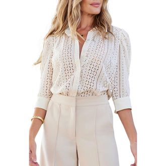 Bishop + Young Cate Eyelet Ruched Sleeve Top in Beige at Nordstrom, Size X-Small