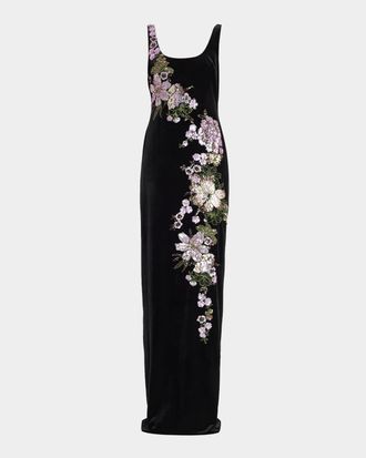 Teri Jon Sequin Floral Velvet Column Gown
