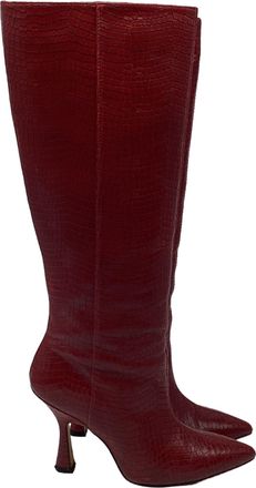 Stuart Weitzman Parton Croc-Effect Knee-High Boots in Burgundy Leather