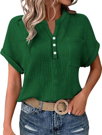 Generic Cocila Ladies Tops 2025 Womens Summer Cotton Linen Cap Sleeve T-Shirt Button V Neck Henry Collar Tunic Tops Fashion Baggy Solid Plain Casual Shirts Tr