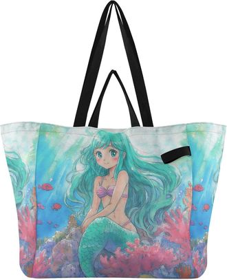 Generic Teal Mermaid print Reusable Canvas Tote Bag, Heavy Duty Grocery Shopping Bag with Hard Bottom Double Handles Large Capacity Work Groceries Travel