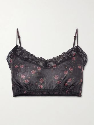 Simone Rocha Crop Top In Organza Floreale Con Finiture In Pizzo - Nero