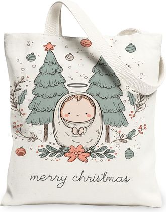 Generic Christmas Trees Canvas Tote Bags, Festive Floral Design Reusable Shopping Bags, Holiday Lightweight Washable Shoulder Strap, White, 13x15 Inch