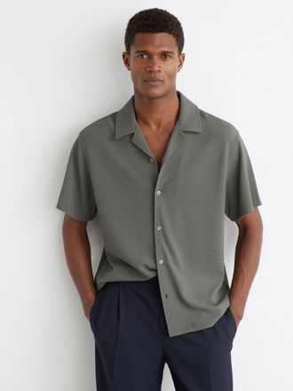 Reiss Sage Green Textured Cuban-collar Shirt, XL