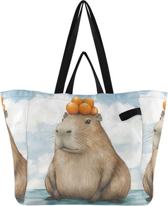 Generic Capybara Head Orange pattern Reusable Canvas Tote Bag, Heavy Duty Grocery Shopping Bag with Double Handles Hard Bottom Large Capacity Work Groceries T