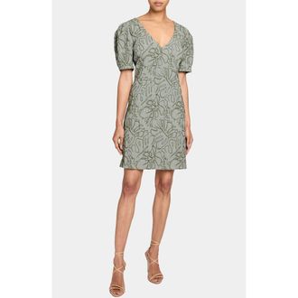 Santorelli Bianca A-Line Shift Dress with Puff Sleeves in Abstract Stretch Cotton Cloque in Aloe at Nordstrom, Size 2