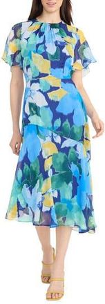 Maggy London Print Flutter Sleeve Asymmetric Midi Dress in Navy/Cerulian Blue at Nordstrom Rack, Size 18 (Similar To 16W)