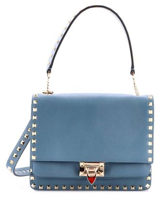 Valentino Blue Leather Rockstud Flip Lock Flap Top Handle Bag Small (Authentic Pre-Loved)