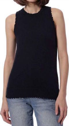 Minnie Rose Cotton Cashmere Frayed Tank In Navy