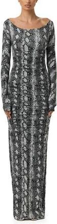 Naked Wardrobe Ruched Off the Shoulder Long Sleeve Maxi Dress in Grey Snakeskin at Nordstrom Rack, Size X-Small