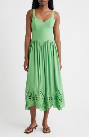 Moon River Eyelet Drop Waist Cotton & Linen Sundress in Green at Nordstrom, Size X-Large