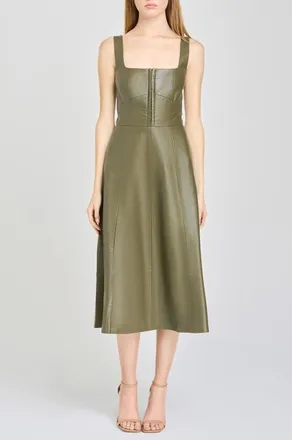 Wayf Leonie Faux Leather Fit & Flare Midi Dress in Olive at Nordstrom, Size X-Small