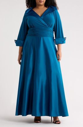 Jessica Howard Rhinestone Button Cuff Sleeve Mixed Media Gown in Peacock at Nordstrom, Size 24W
