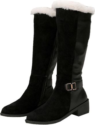 Generic Womens Chunky Heels Knee High Boots, Stylish Comfortable Buckle Decor Suede Low Heel Zip Up Snow Boots with Faux Fur Trim for Winter (Black,3.5)