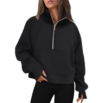 Generic Sweatshirts Womens Sweatshirts Half Zip Cropped Pullover Quarter Zipper Hoodies Fall Outfits Clothes Thumb Hole (Black, XL)