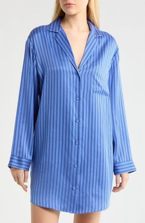 Lunya Stripe Piped Washable Silk Nightshirt in Coastal Stripe at Nordstrom, Size X-Small