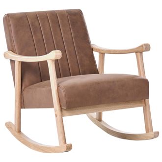 Beliani Sill&oacute;n Mecedora Tapizado De Piel Sint&eacute;tica Patas De Madera De Caucho Con Reposabrazos Sala De Estar Habitaci&oacute;n Infantil Marr&oacute;n Leknes