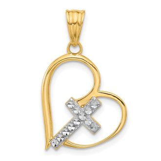 Diamond2Deal 14k Yellow Gold White Rhodium Diamond-cut Cross in Heart Pendant