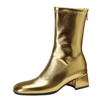 Generic Womens Mid Calf Boots Round Toe Medium Chunky Heel With Side Zipper And Glossy Finish For Dating And Outings