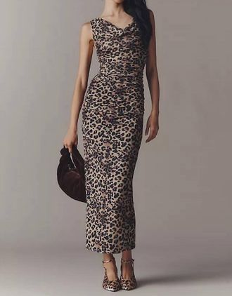 Bishop + Young Natasha Cowl Neck Ruched Midi Dress In Neutral Pattern