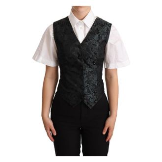 Dolce & Gabbana Groen en Zwart Jacquard Bloemen Gilet - Dames - Gillet - Groen - S - Polyester - Kostuums