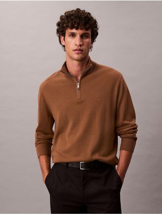 Calvin Klein Mens Merino Wool Quarter Zip Sweater - Brown - XL