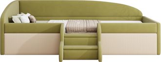 STILVORA Cama Div&aacute;n 90 X 190 Cm De Terciopelo Con Barandilla Y Escalera Antideslizante, Sin Colch&oacute;n, Verde E Marfil