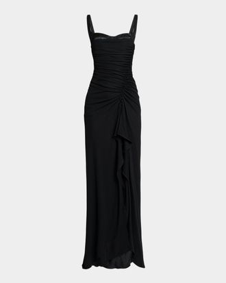 Elie Saab Peekaboo Bustier Ruched Jersey Maxi Dress