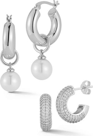 Glaze Jewelry Set of 2 Pav&eacute; Cubic Zirconia & Faux Pearl Drop Huggie Hoop Earrings in Silver at Nordstrom Rack