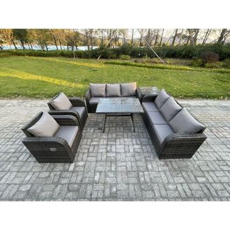 Fimous 8 Seater Rattan Outdoor Garden Furniture Sofa Set Patio Table & Chairs Set with 3 Seater Sofa Rectangular Dining Table Side Table Dark Grey Mixed