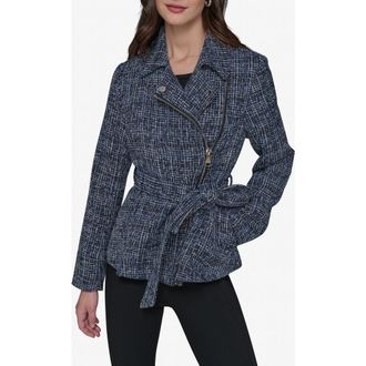 Karl Lagerfeld Belted Tweed Moto Jacket in Blue Multi at Nordstrom Rack, Size X-Large