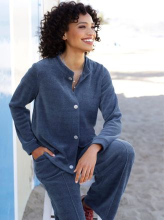 Heine Shirtjacke HEINE Shirtjacke, Damen, Gr. 38, blau (dunkelblau), 70% Viskose, 25% Polyamid, 5% Elasthan, meliert, unifarben, Rundhals, Shirts Shirtjacke