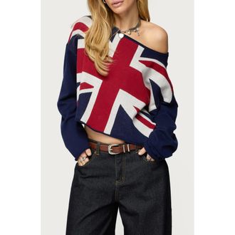 Edikted London Babe Off the Shoulder Cotton Graphic Sweater in Navy at Nordstrom, Size X-Small