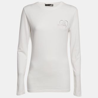 Love Moschino White Logo Rhinestone Jersey Long Sleeve T-Shirt