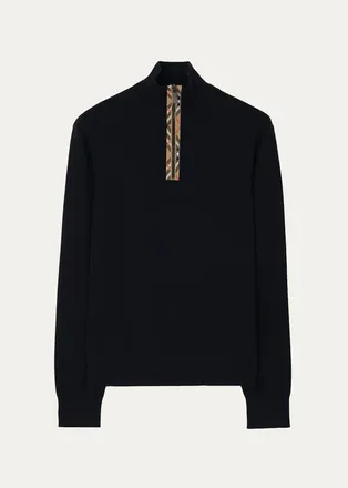 Burberry Mens Cameron Check-Trim Wool Half-Zip Sweater