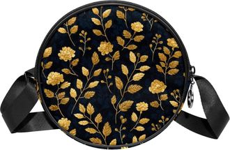 Generic Circle Crossbody Bag for Women, Floral Golden Small Sling Bag Daypack with Zipper Adjustable Shoulder Straps Casual Ladies Girls Round Purse
