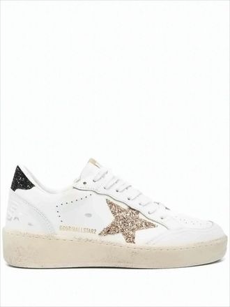 Golden Goose Distressed White Leather Sneakers With Glitter Accents